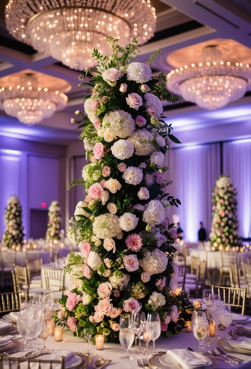 Towering floral centerpieces adorn a grand wedding reception, filling the vast space with vibrant blooms and lush greenery