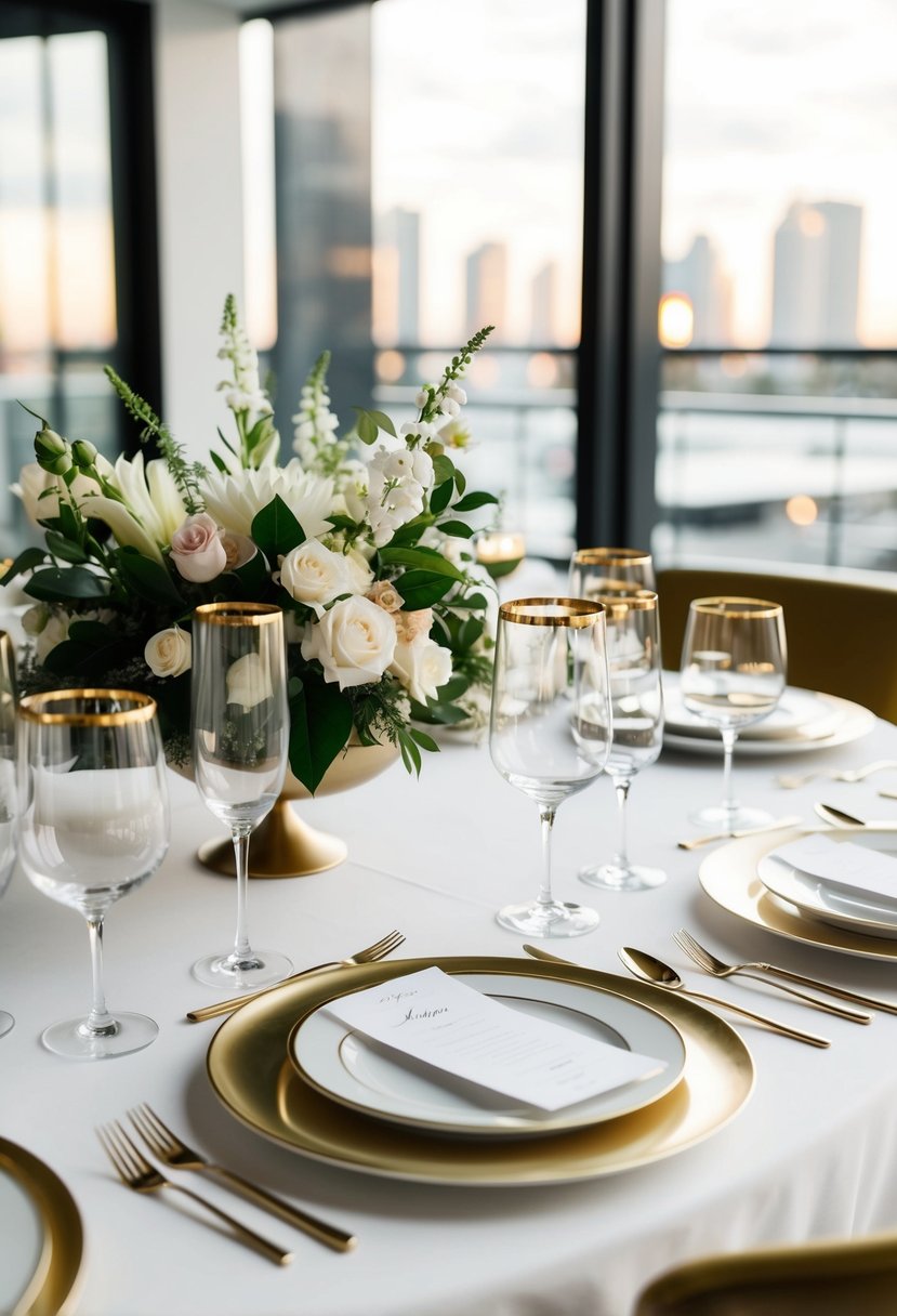 Gold-rimmed glassware arranged on a sleek wedding table with elegant floral centerpieces and modern place settings