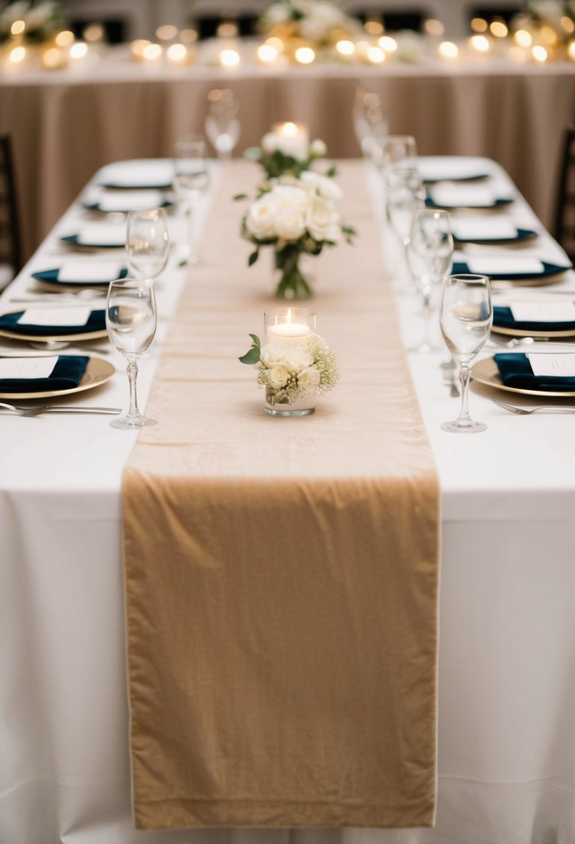 A plush beige velvet table runner adorns a wedding reception table, adding a touch of elegance and warmth to the decor