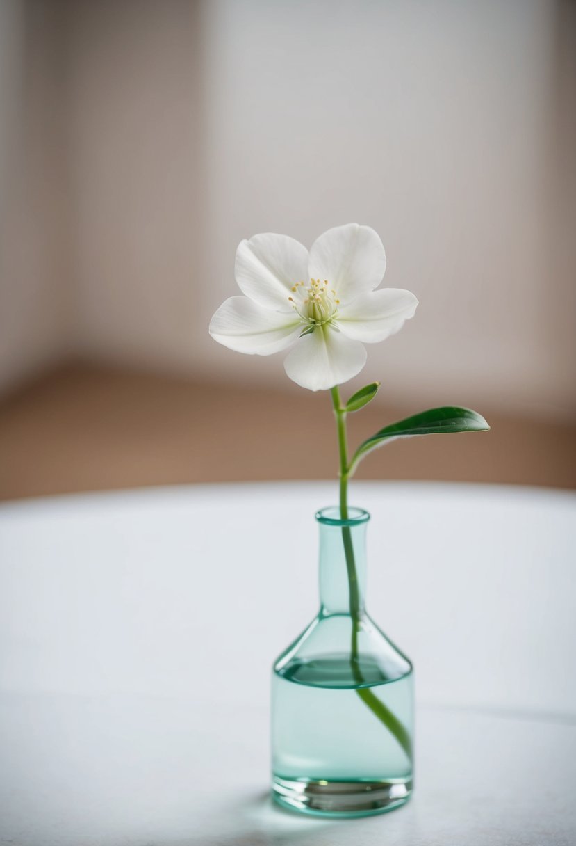 A single bud vase with a delicate flower sits on a simple, modern wedding table