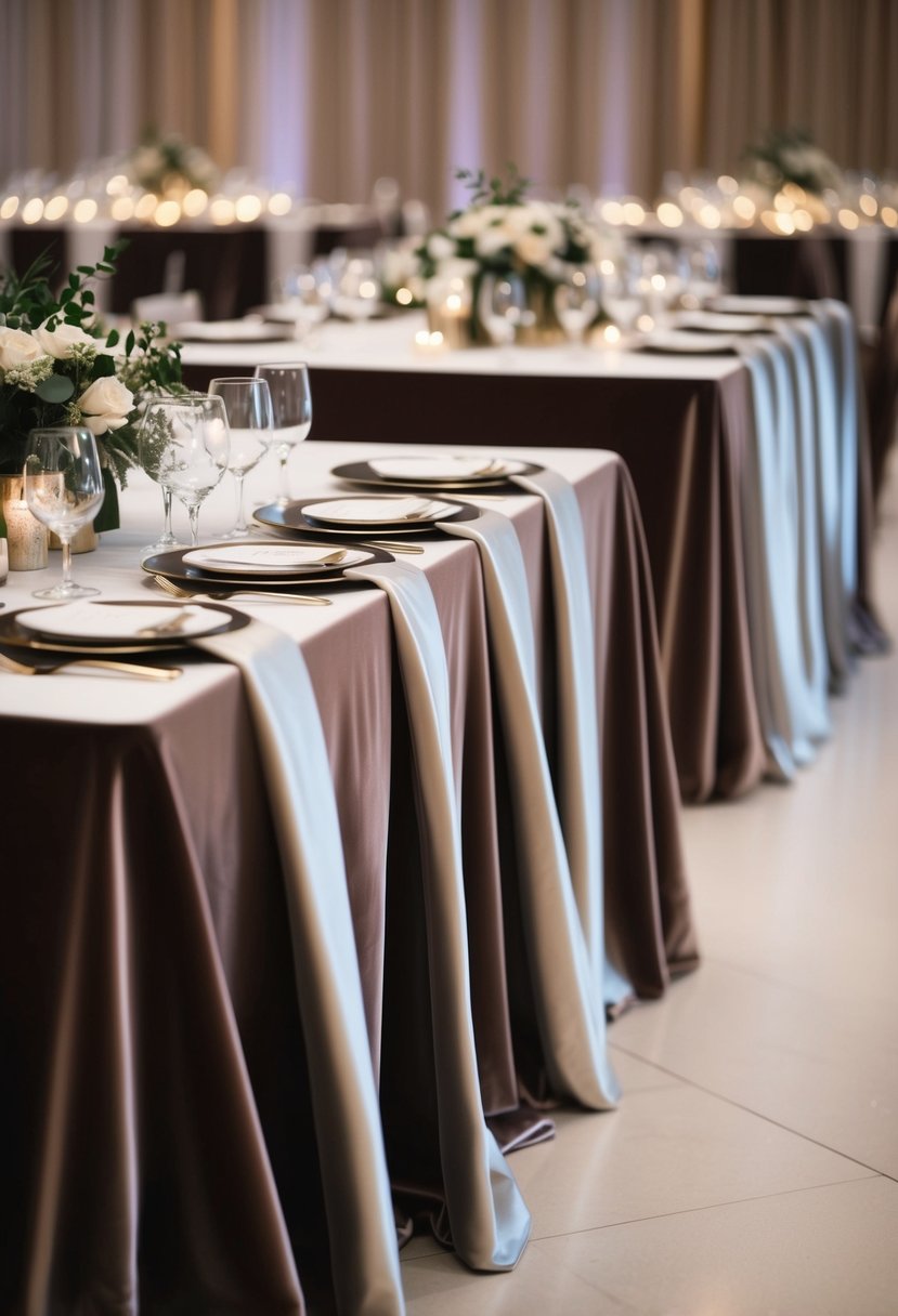 Velvet tablecloths with metallic accents drape over a sleek, modern wedding table, creating an elegant and luxurious atmosphere