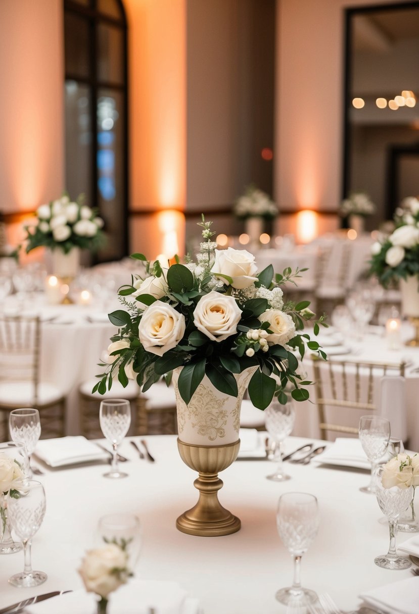 A table set with faux floral centerpieces in elegant vases for a wedding reception