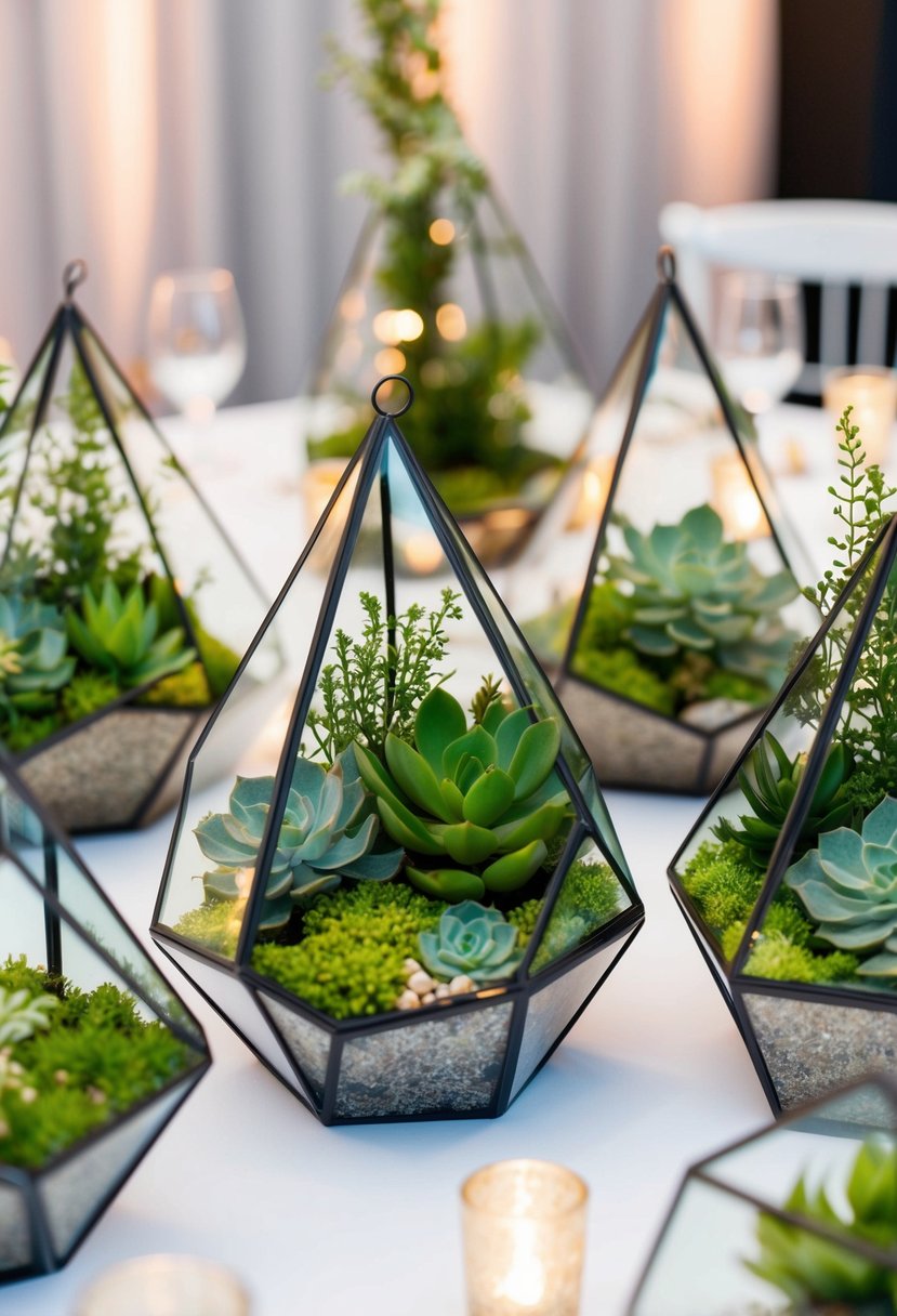 A cluster of geometric terrariums filled with lush greenery and delicate succulents, serving as elegant centerpieces on a modern wedding reception table