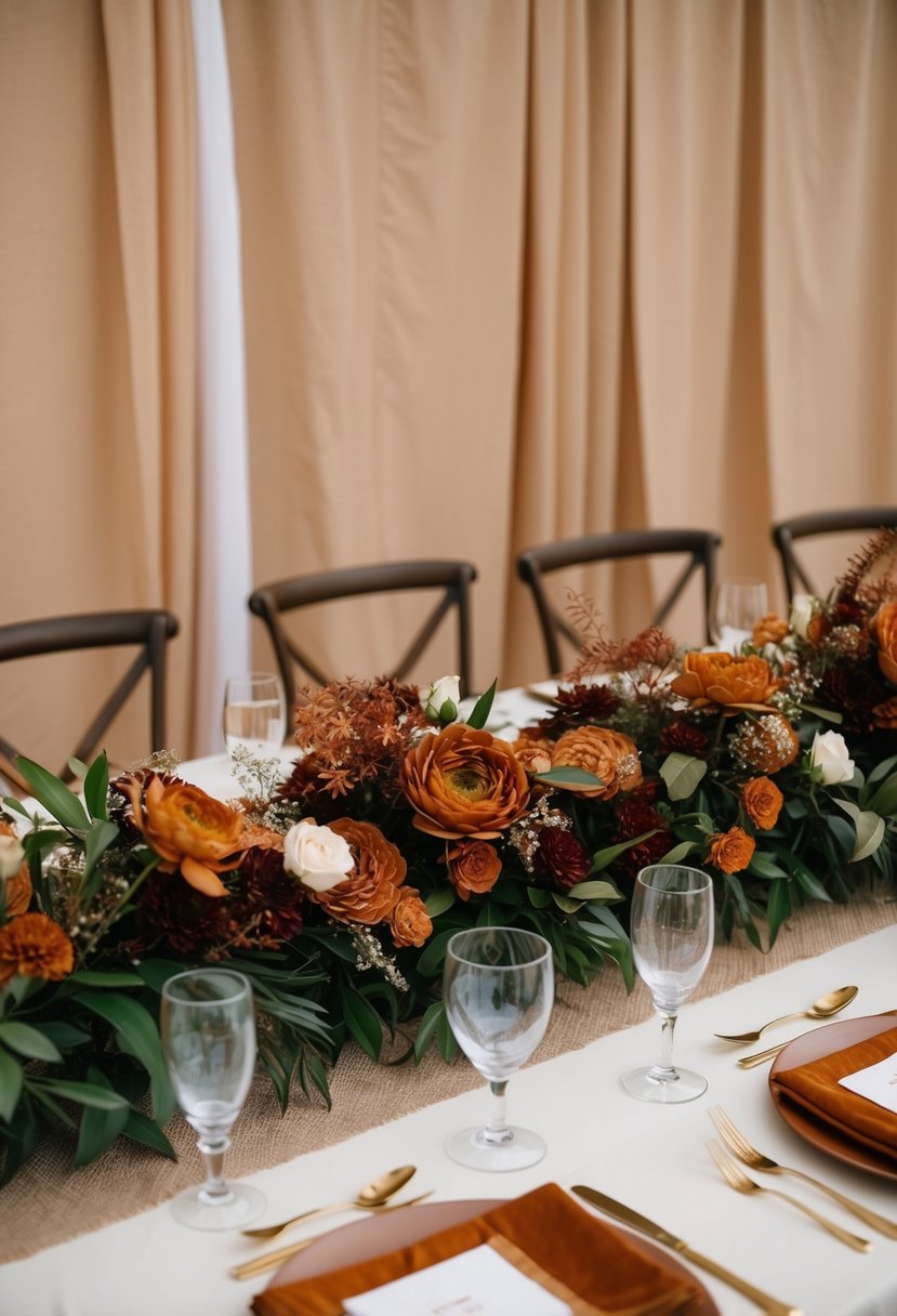 A table adorned with terracotta and rust floral arrangements, set against a beige backdrop for a wedding celebration