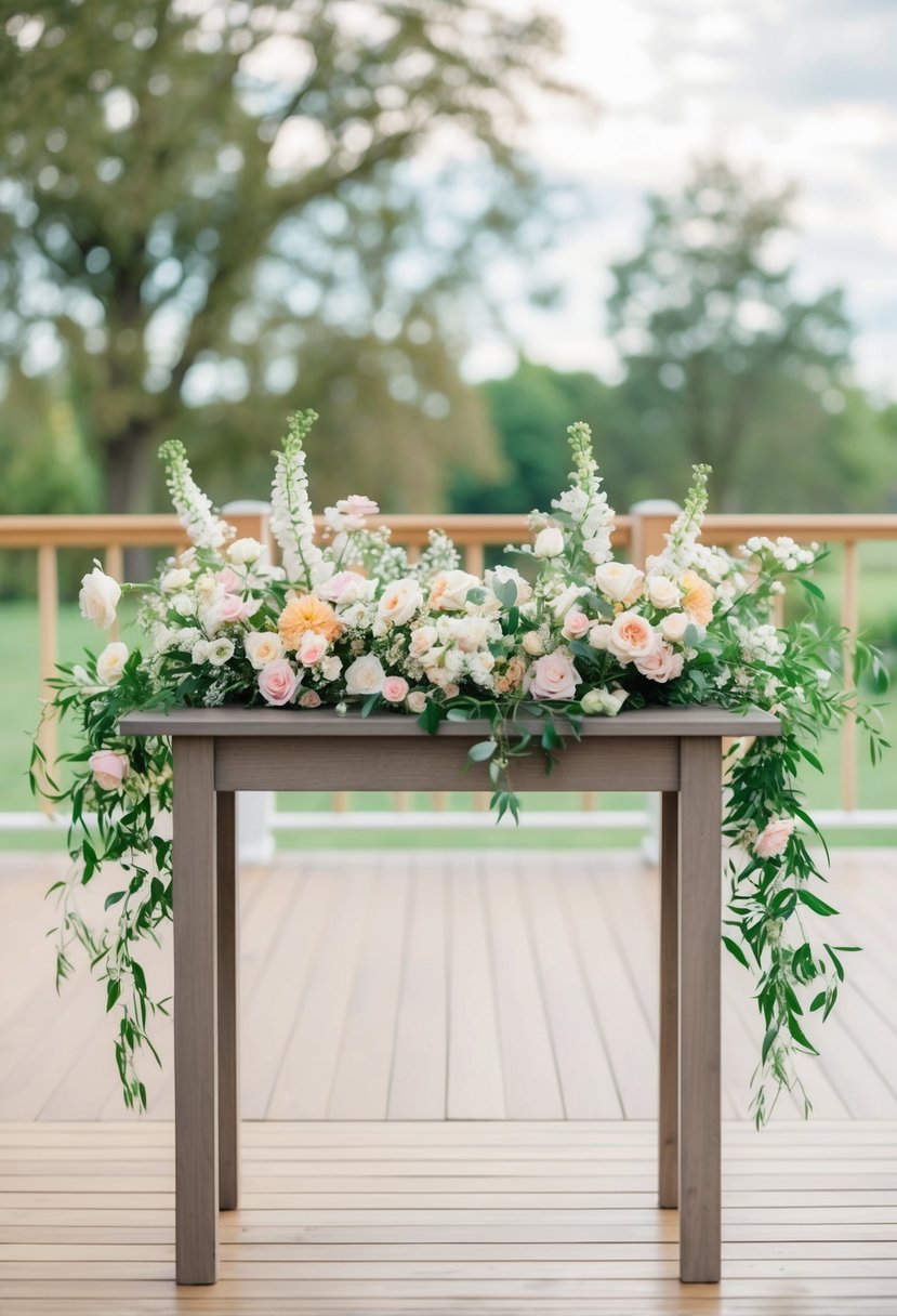 A simple wooden entry table adorned with a profusion of blooming flowers, creating a charming wedding decoration