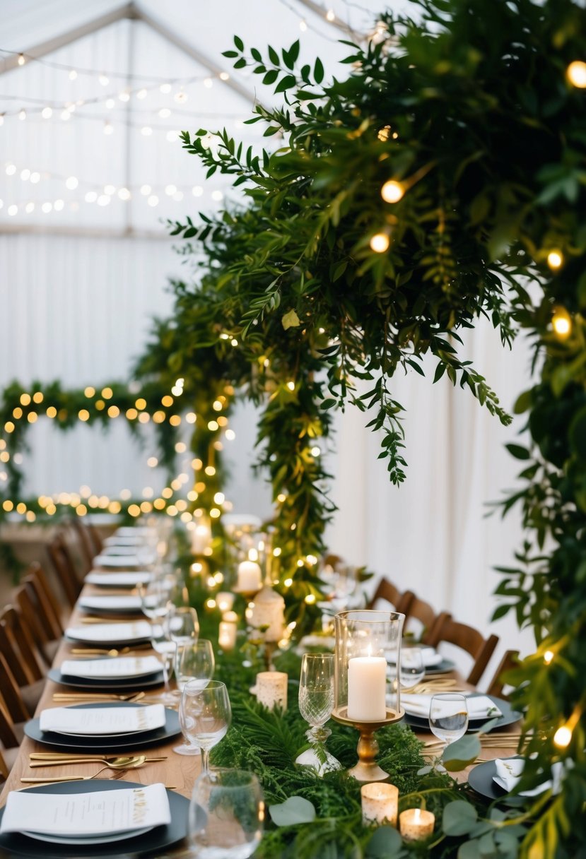 Lush greenery adorned with fairy lights creates an elegant modern wedding table decoration