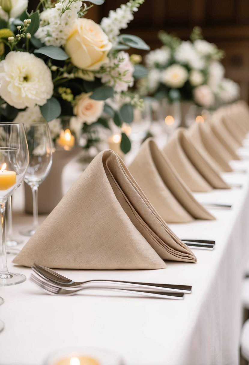 Beige linen napkins neatly folded on a wedding reception table, surrounded by delicate floral centerpieces