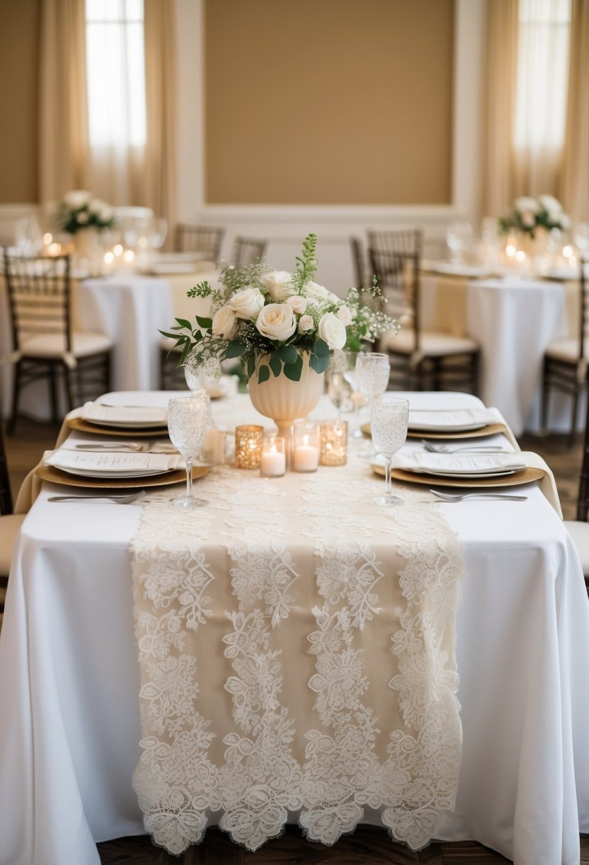 An elegant wedding table with ivory lace overlays and beige decorations