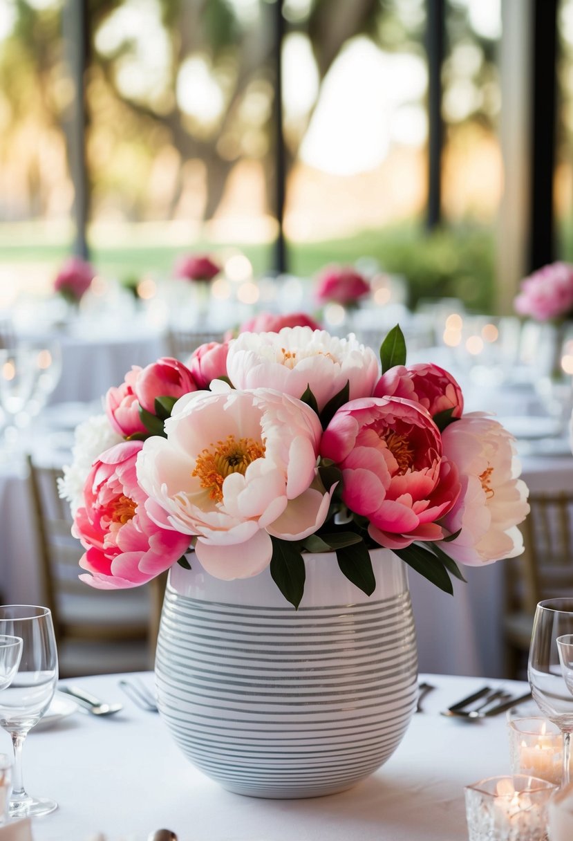 A modern vessel filled with Coral Charm Peonies sits as a wedding table centerpiece