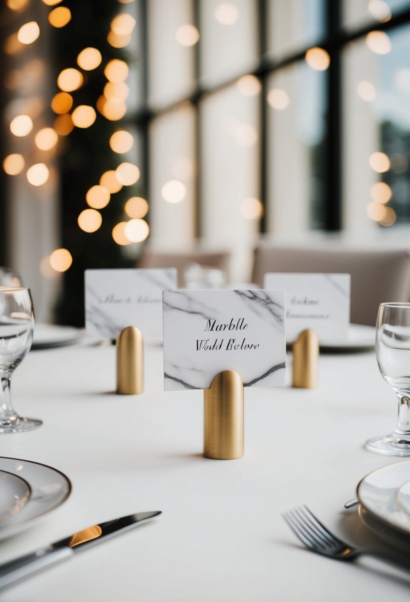 Marble place card holders arranged on a sleek, minimalist wedding table