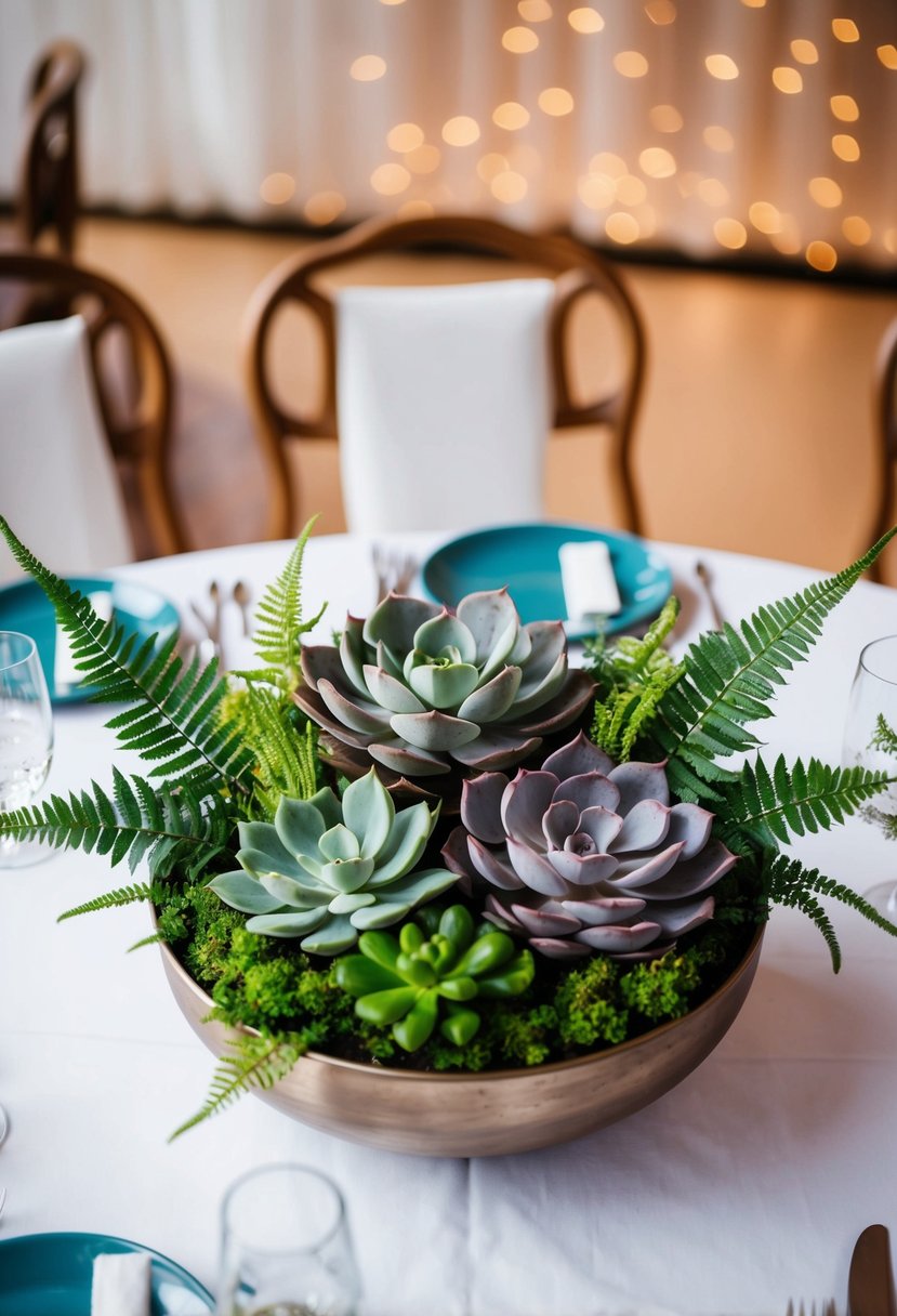 A round bowl with succulents and ferns arranged as a wedding table centerpiece