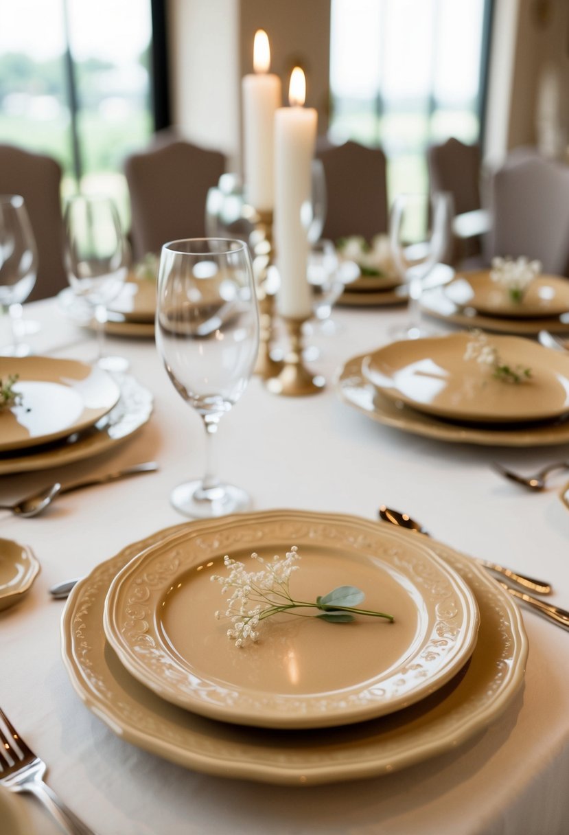 Beige ceramic plates arranged on a wedding table with delicate handmade designs