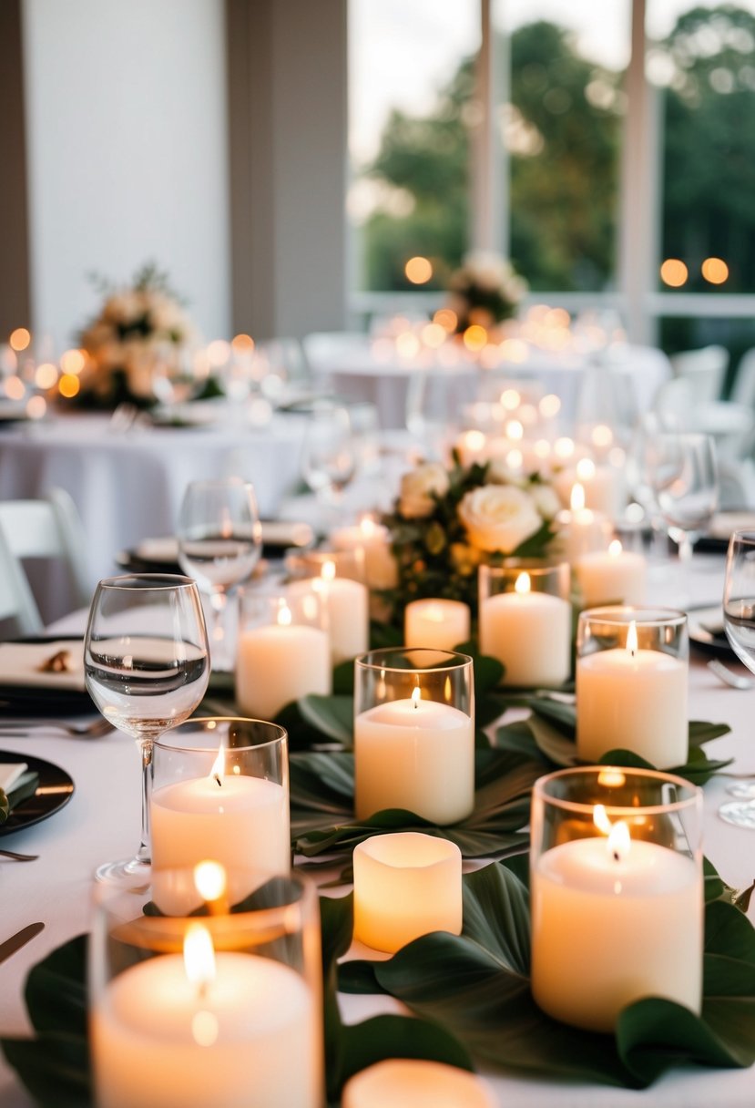 Elegant modern wedding table with floating candle centerpieces