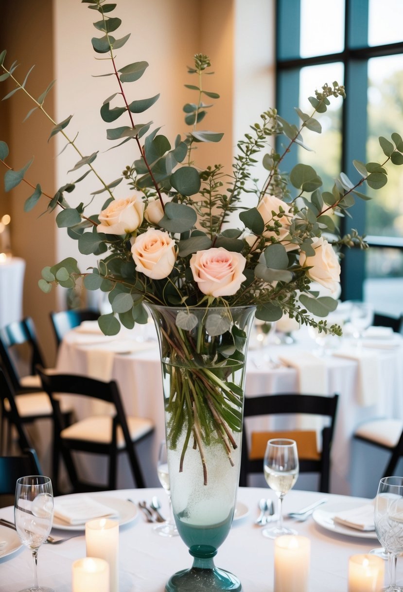 A tall vase filled with eucalyptus branches and a mix of roses, creating an elegant and romantic wedding table centerpiece