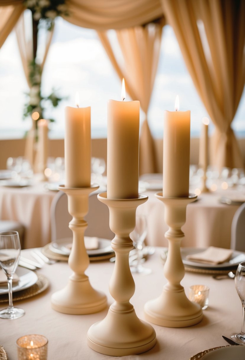 Beige candlesticks arranged on a wedding table with beige decorations