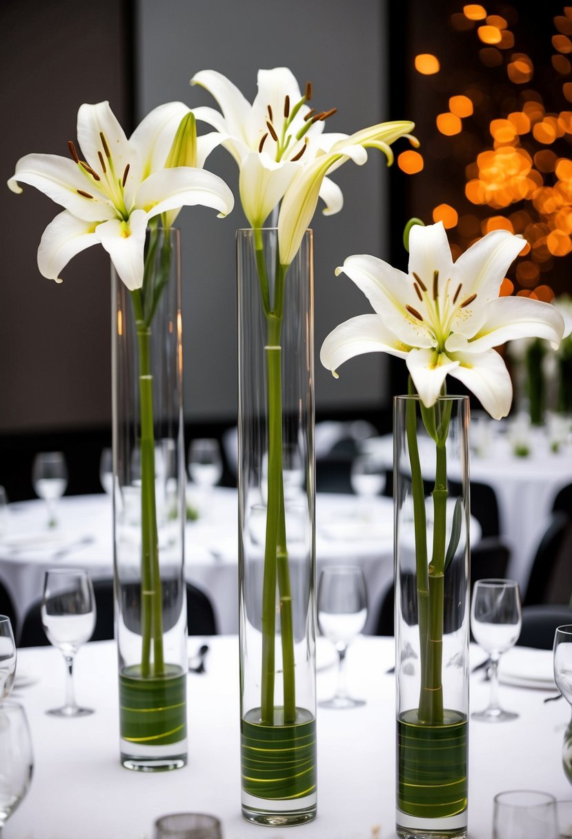 Tall glass vases hold white lilies on a modern wedding table