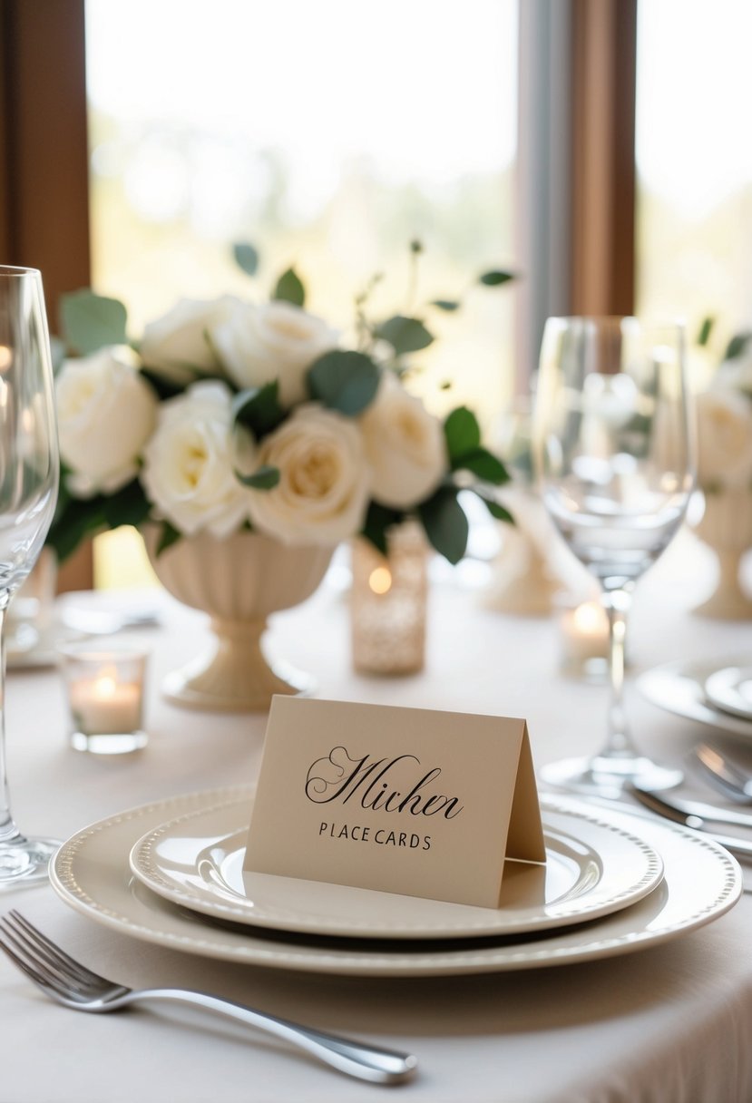 A table set with personalized beige place cards for a wedding, adorned with elegant beige decorations