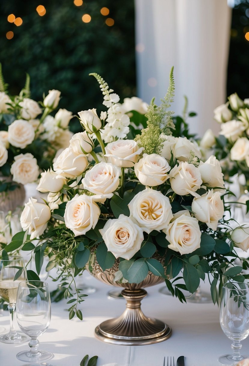 A lavish display of garden roses arranged on a wedding table, with delicate foliage and elegant vases