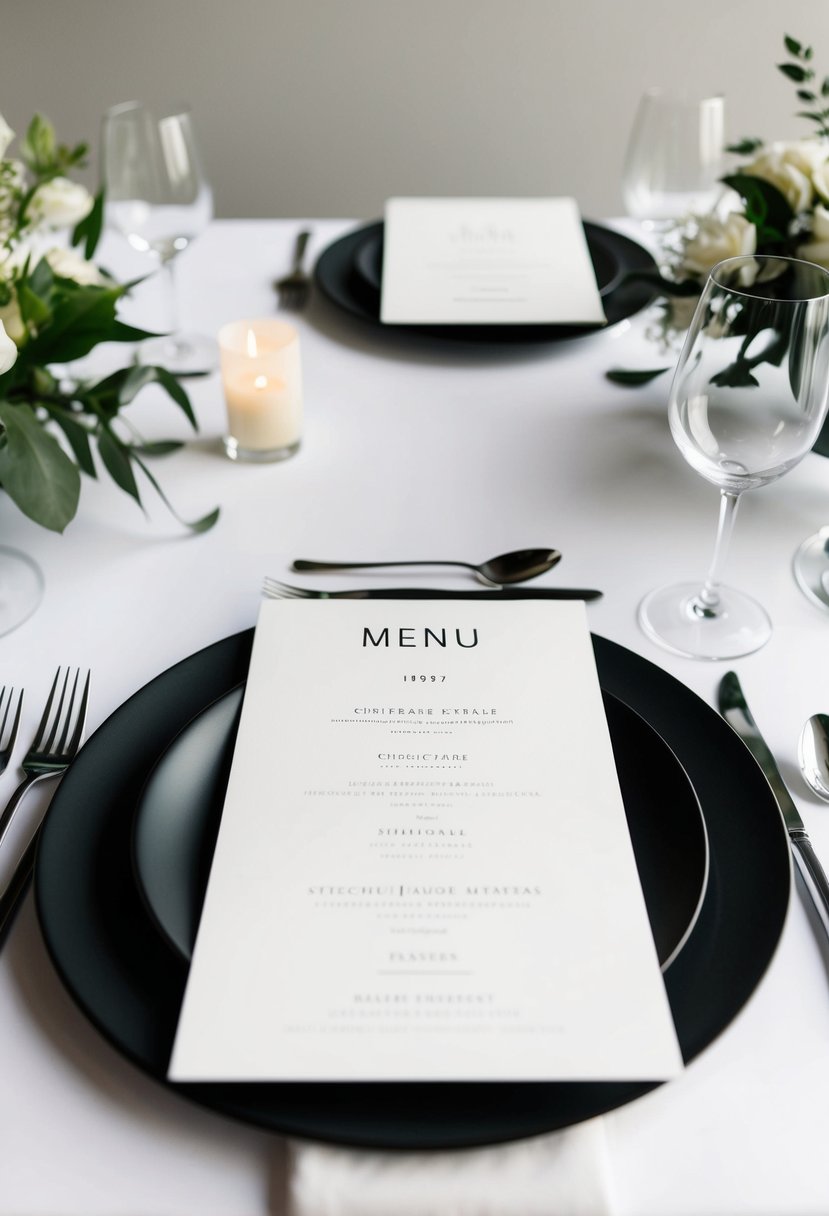 A sleek, minimalist table setting with personalized menu cards, modern floral centerpieces, and elegant silverware