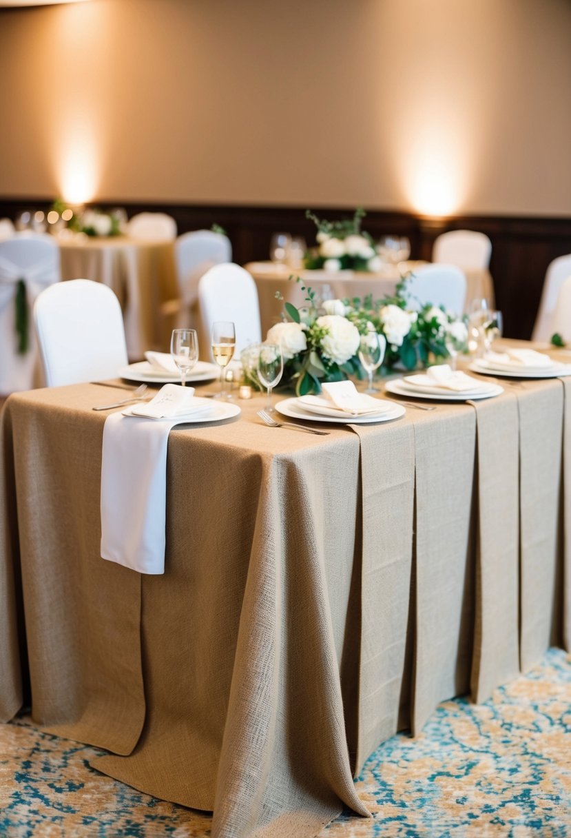 Beige burlap table cloths draped over wedding reception tables, adorned with simple yet elegant decorations