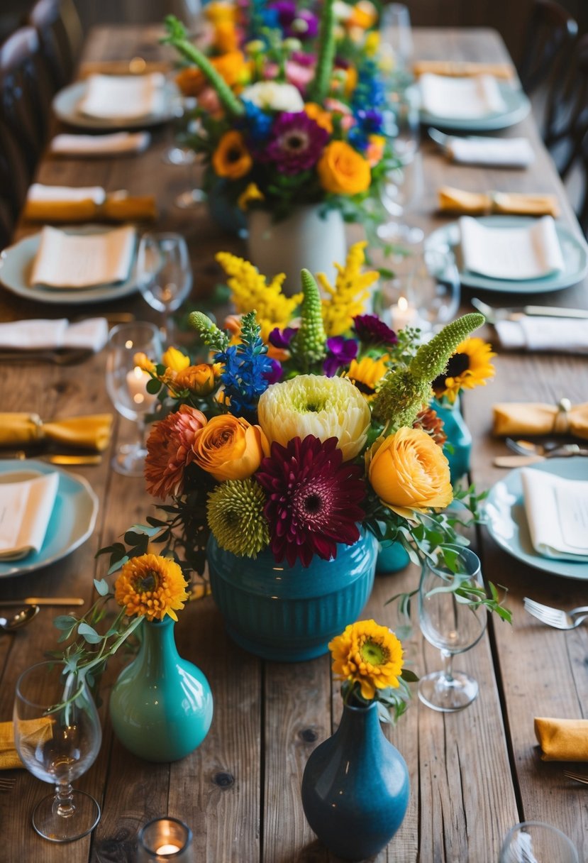 A rustic wooden table adorned with vibrant, unique handmade floral combinations in various vases, creating a stunning wedding centerpiece