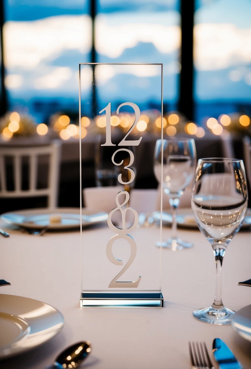 A set of sleek acrylic table numbers arranged on a modern wedding reception table, reflecting the elegant ambiance of the event