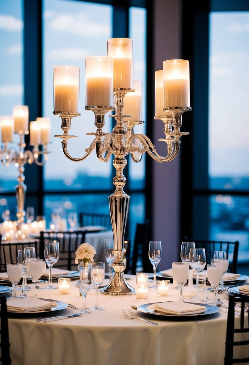 Elegant candelabras adorn a modern wedding table, creating a sophisticated and romantic ambiance