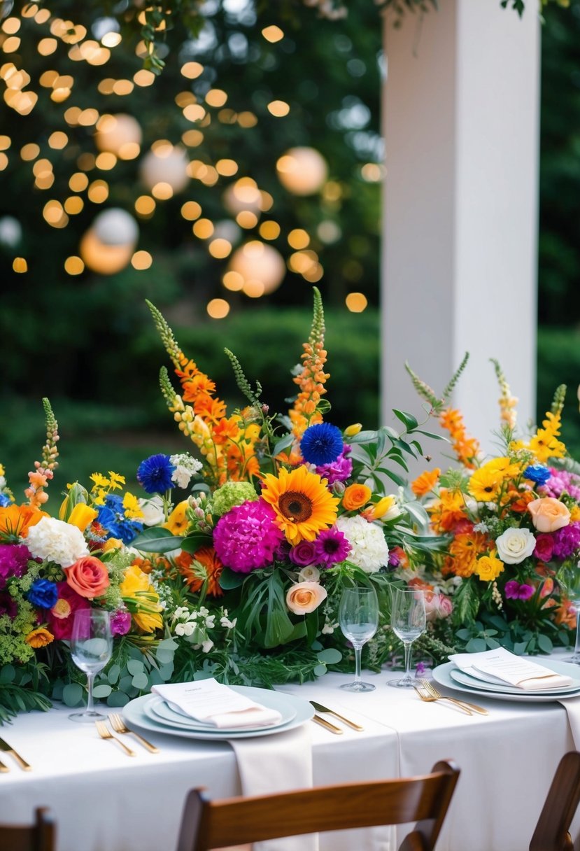 A table adorned with vibrant, dye-free floral arrangements in various sizes and colors, creating a stunning and natural wedding centerpiece