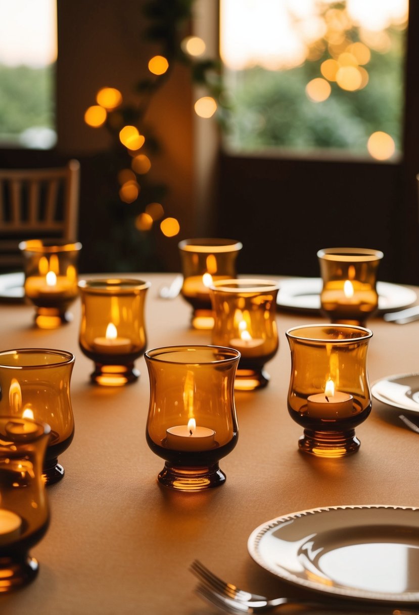 Amber glass votive holders arranged on a beige wedding table, casting a warm and romantic glow