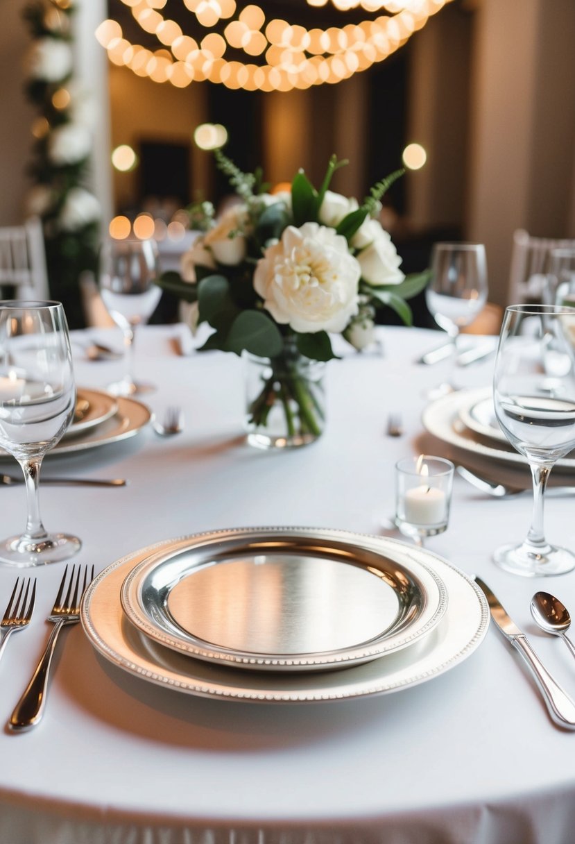 Silver chargers under modern table setting with elegant decor for a wedding