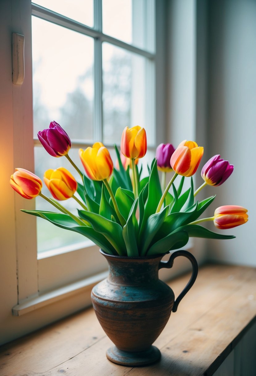 A vibrant bouquet of tulips arranged in a rustic vase, with soft natural lighting streaming in through a nearby window