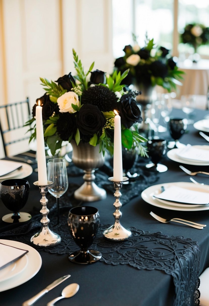 A black table adorned with elegant black floral centerpieces, silver candle holders, and black lace table runners