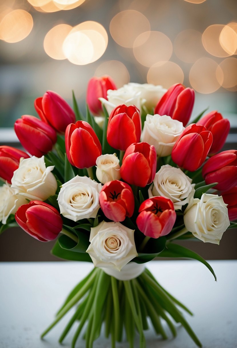 A bouquet of red tulips and white roses arranged in a classic wedding style