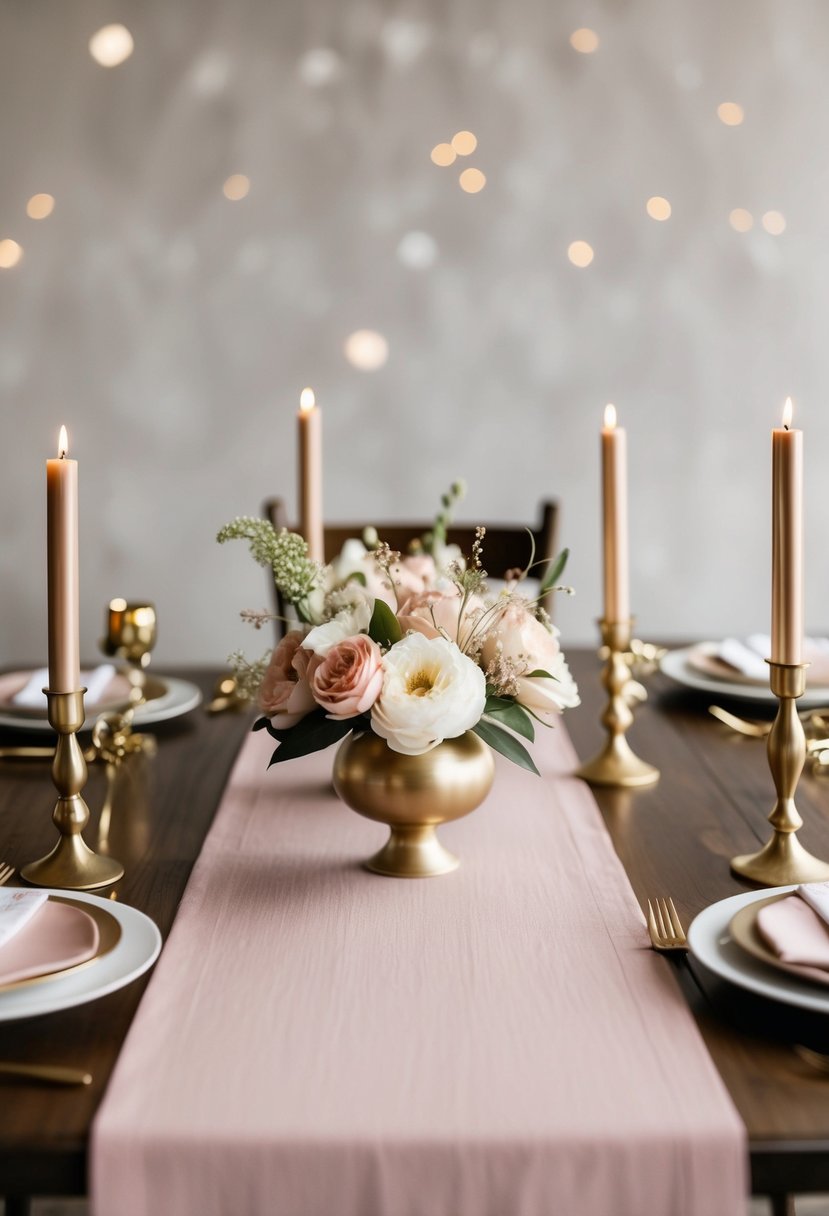 A dusty pink table runner adorned with delicate floral centerpieces and golden candle holders