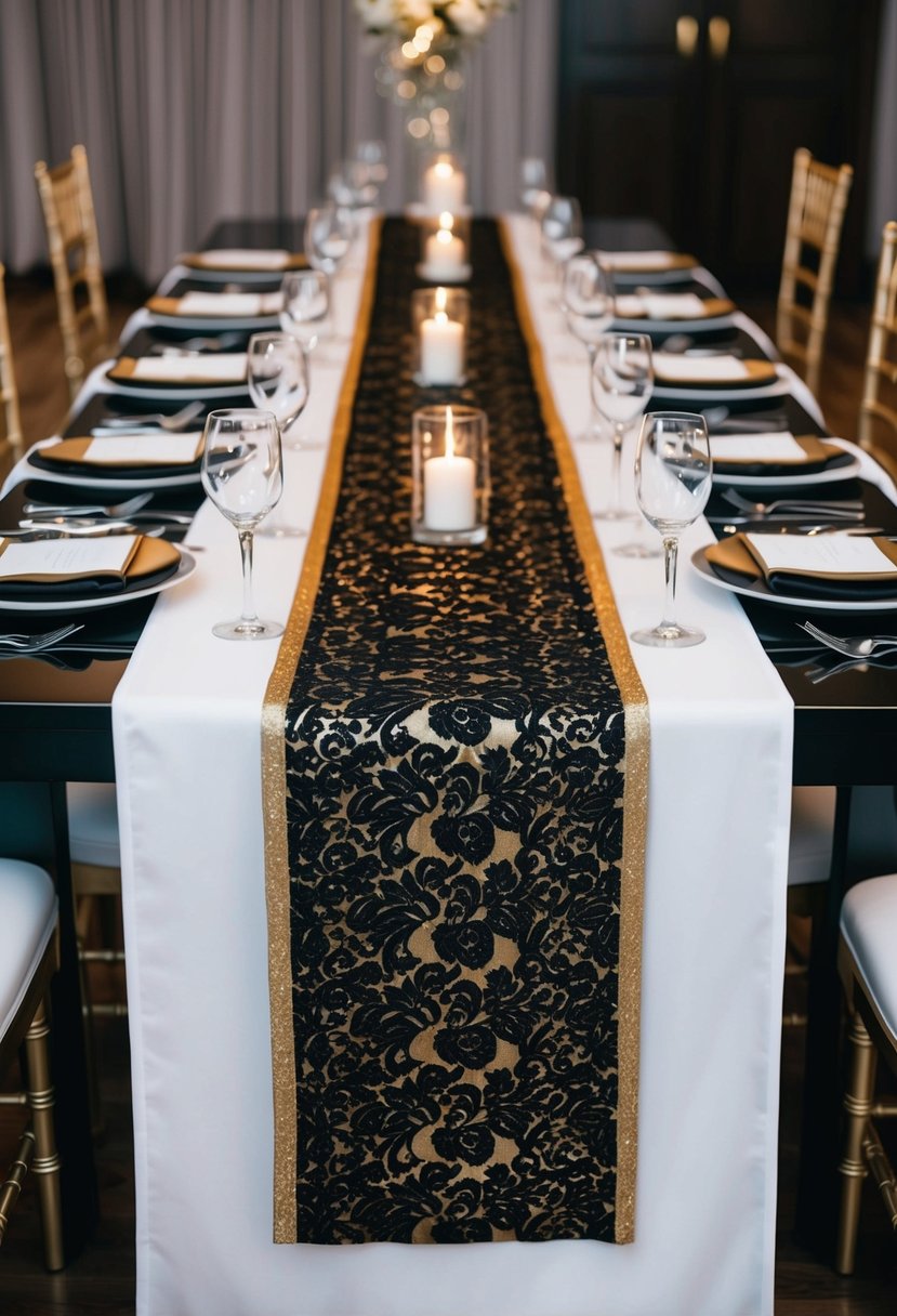 A luxurious black and gold table runner drapes across a sleek wedding table, adding an elegant touch to the decor