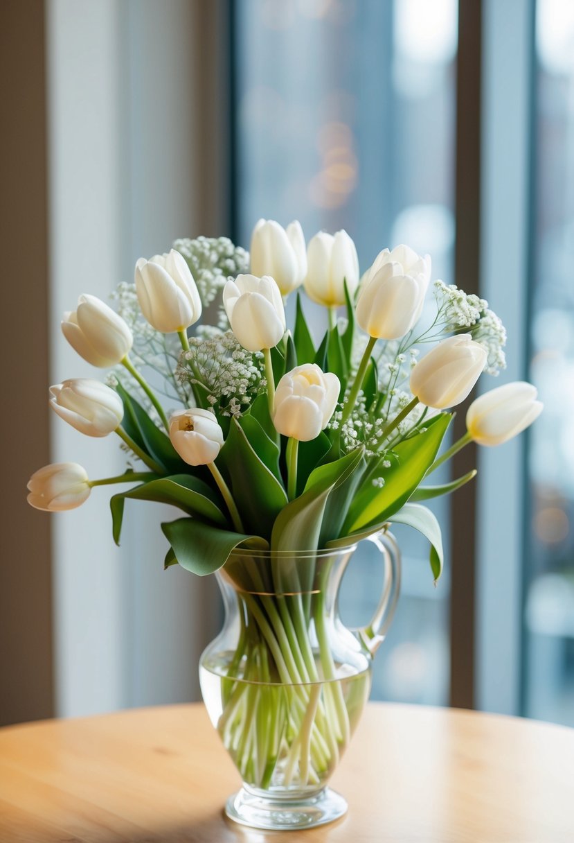 A delicate bouquet of white tulips and baby's breath arranged in a glass vase