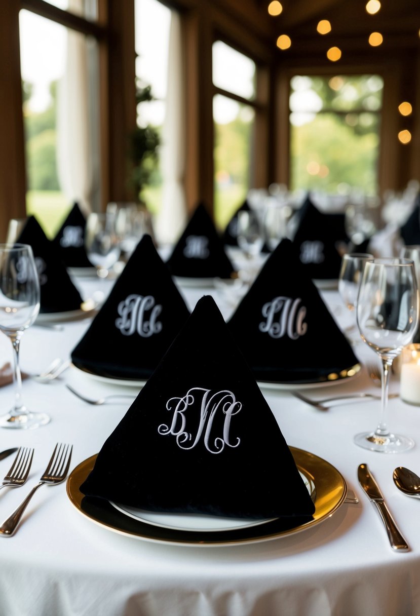 Black velvet napkins with monogrammed initials elegantly arranged on a wedding reception table