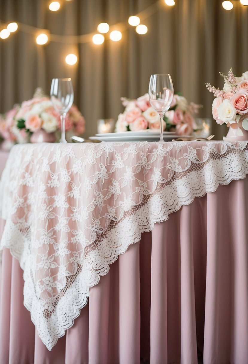 A dusty pink tablecloth with a white lace overlay drapes over a table, adorned with dusty pink wedding decorations