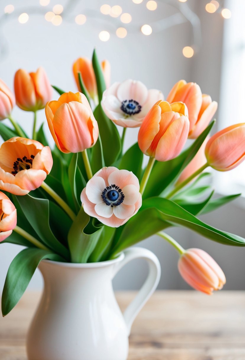 A vibrant bouquet of peach tulips and anemones in a white vase