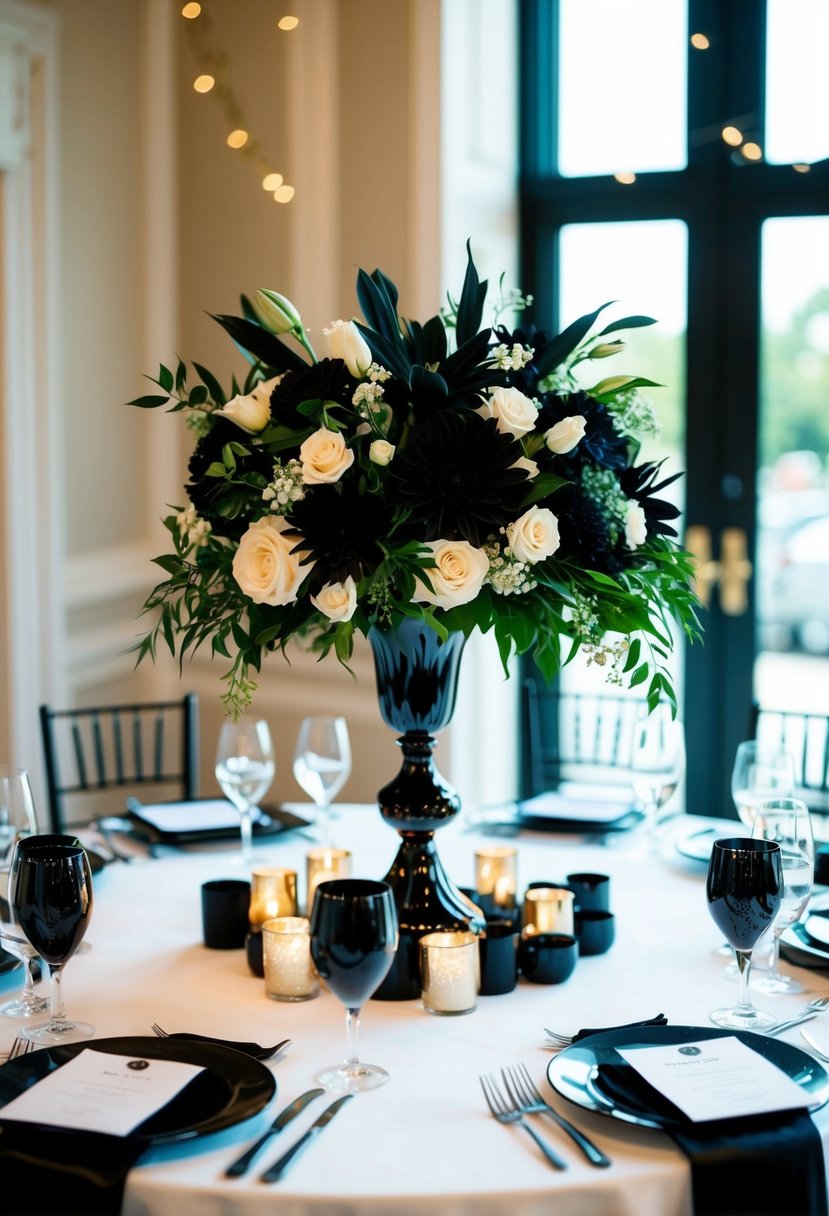 A black floral centerpiece adorns a wedding table, surrounded by elegant black decor