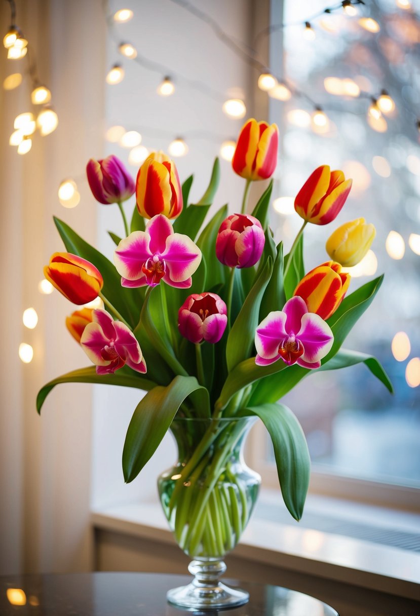 A vibrant bouquet of parrot tulips and orchids in a glass vase