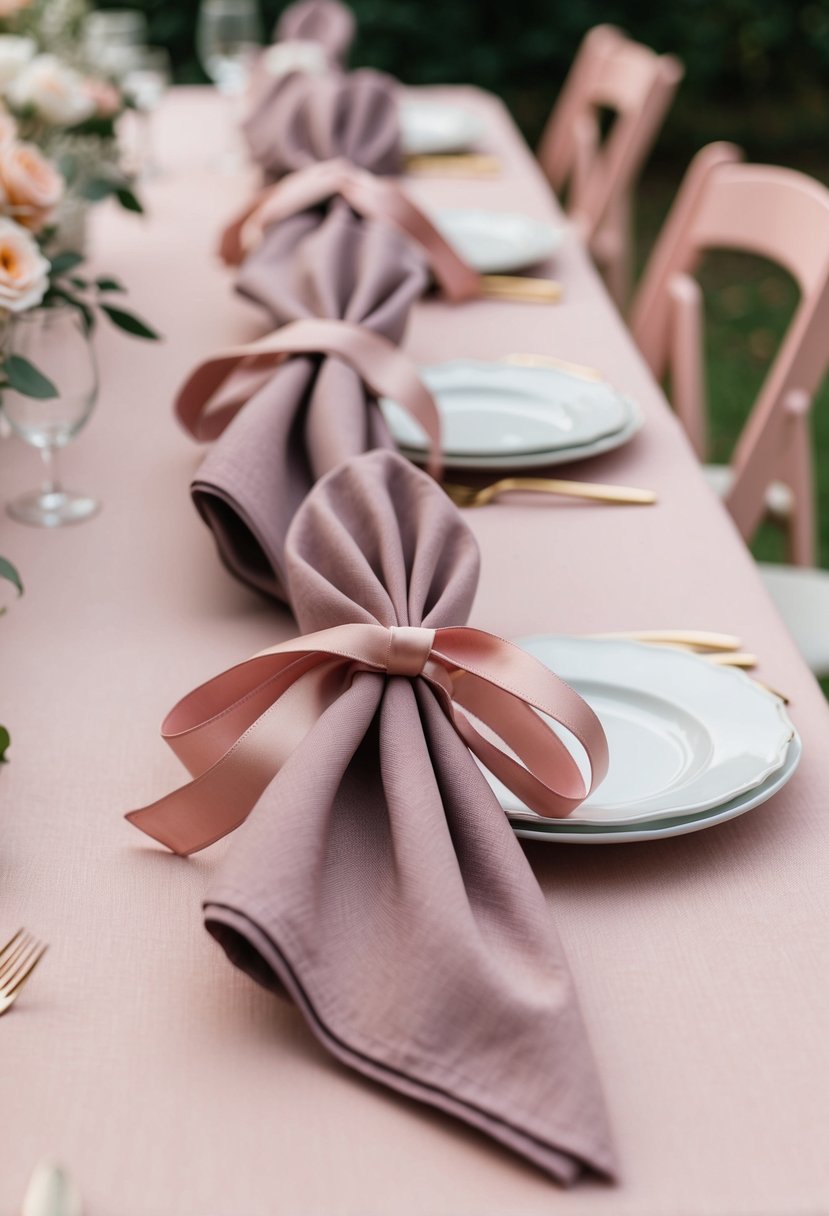 Mauve napkins tied with blush pink ribbon lay on a dusty pink wedding table