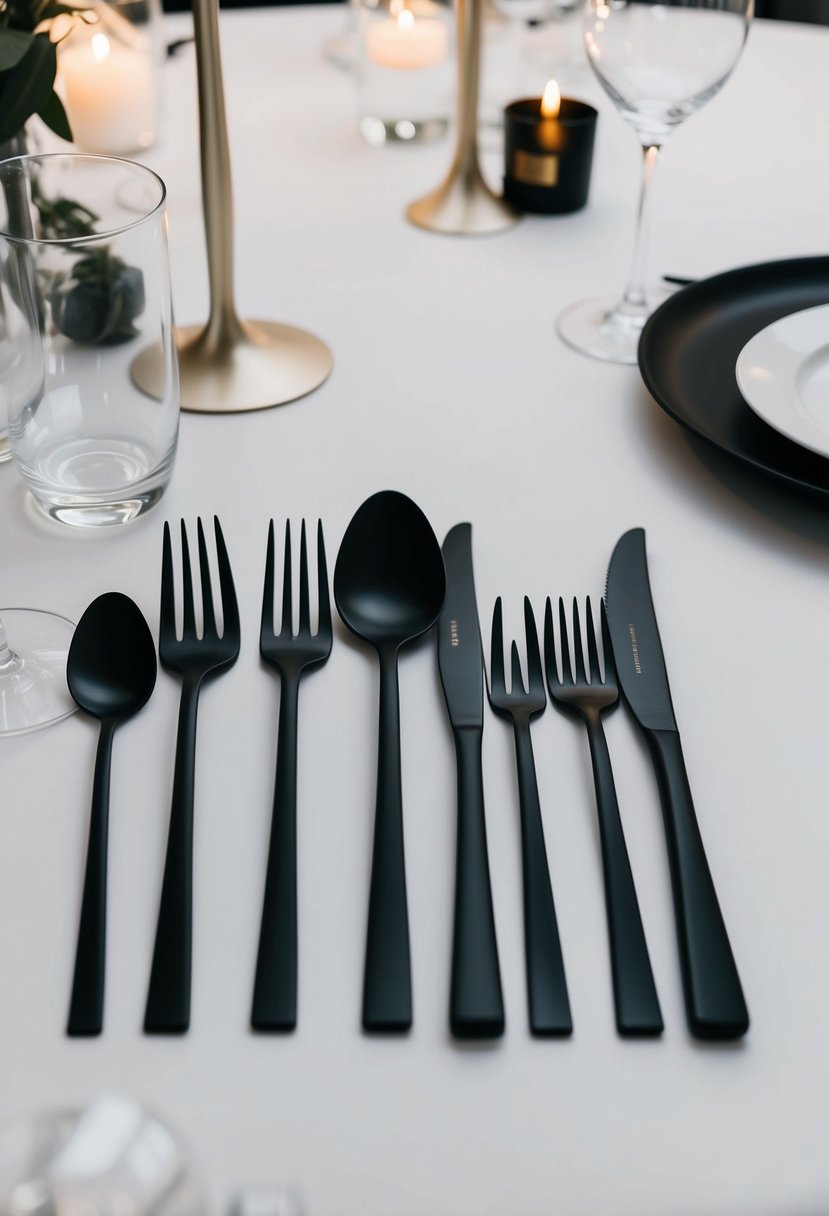 Matte black flatware arranged on a sleek wedding table with minimalist decor