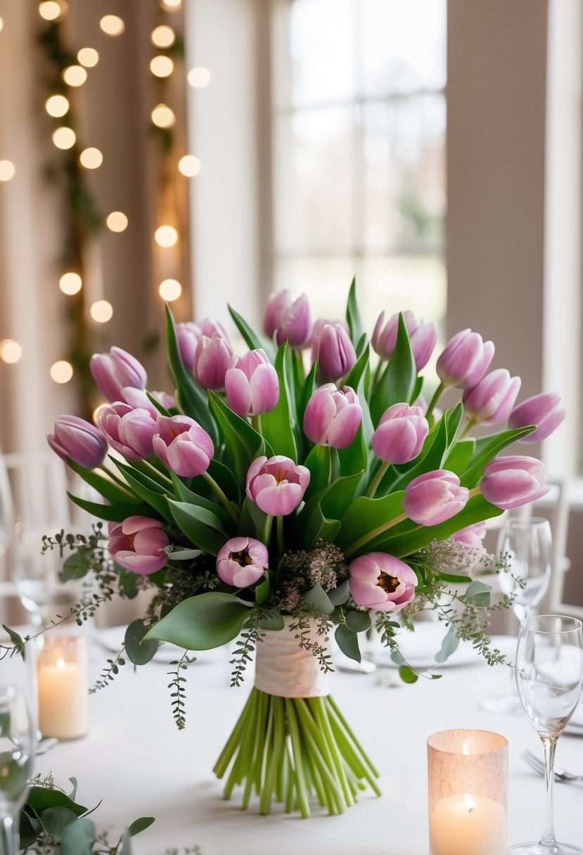 A bouquet of pink and lavender tulips arranged in a romantic wedding setting with soft lighting and delicate greenery