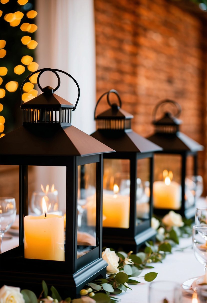 Black lanterns hold flickering candles on a wedding table