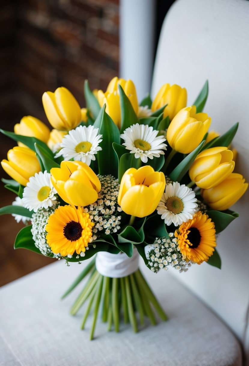 A bouquet of vibrant yellow tulips and daisies arranged in a wedding bouquet