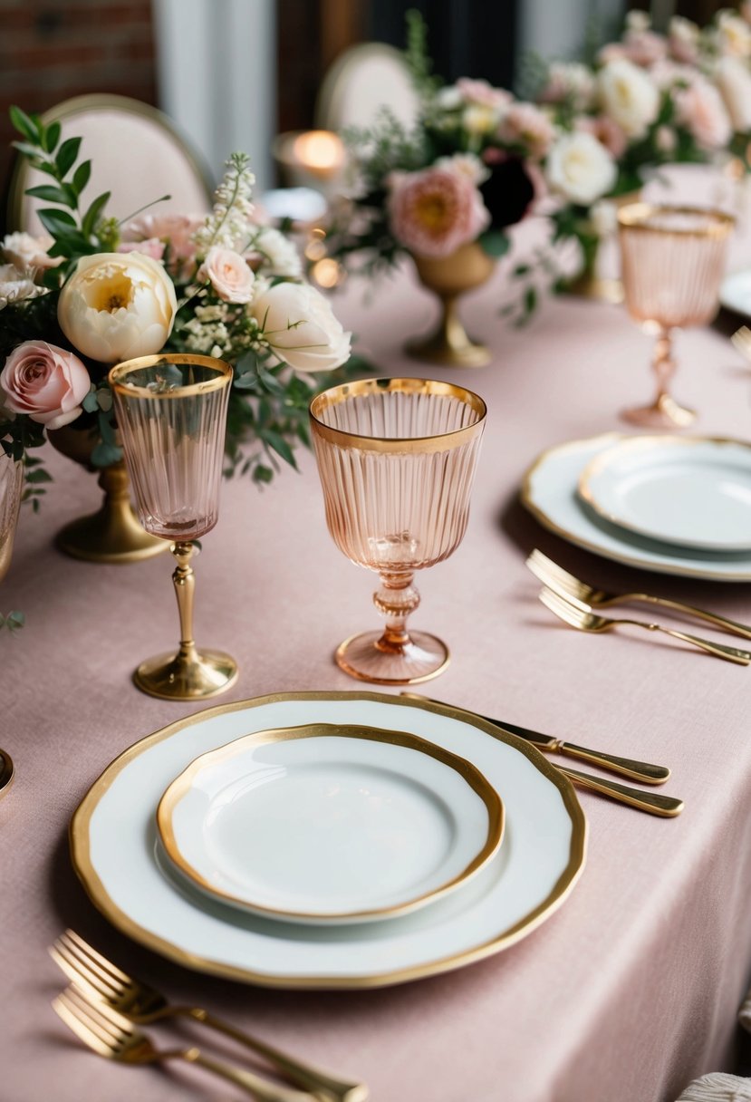 Gold-rimmed glassware arranged on a dusty pink tablecloth, with delicate floral centerpieces and vintage-inspired accents