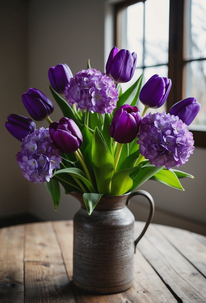 A bouquet of bold purple tulips and hydrangeas, arranged in a rustic vase on a wooden table