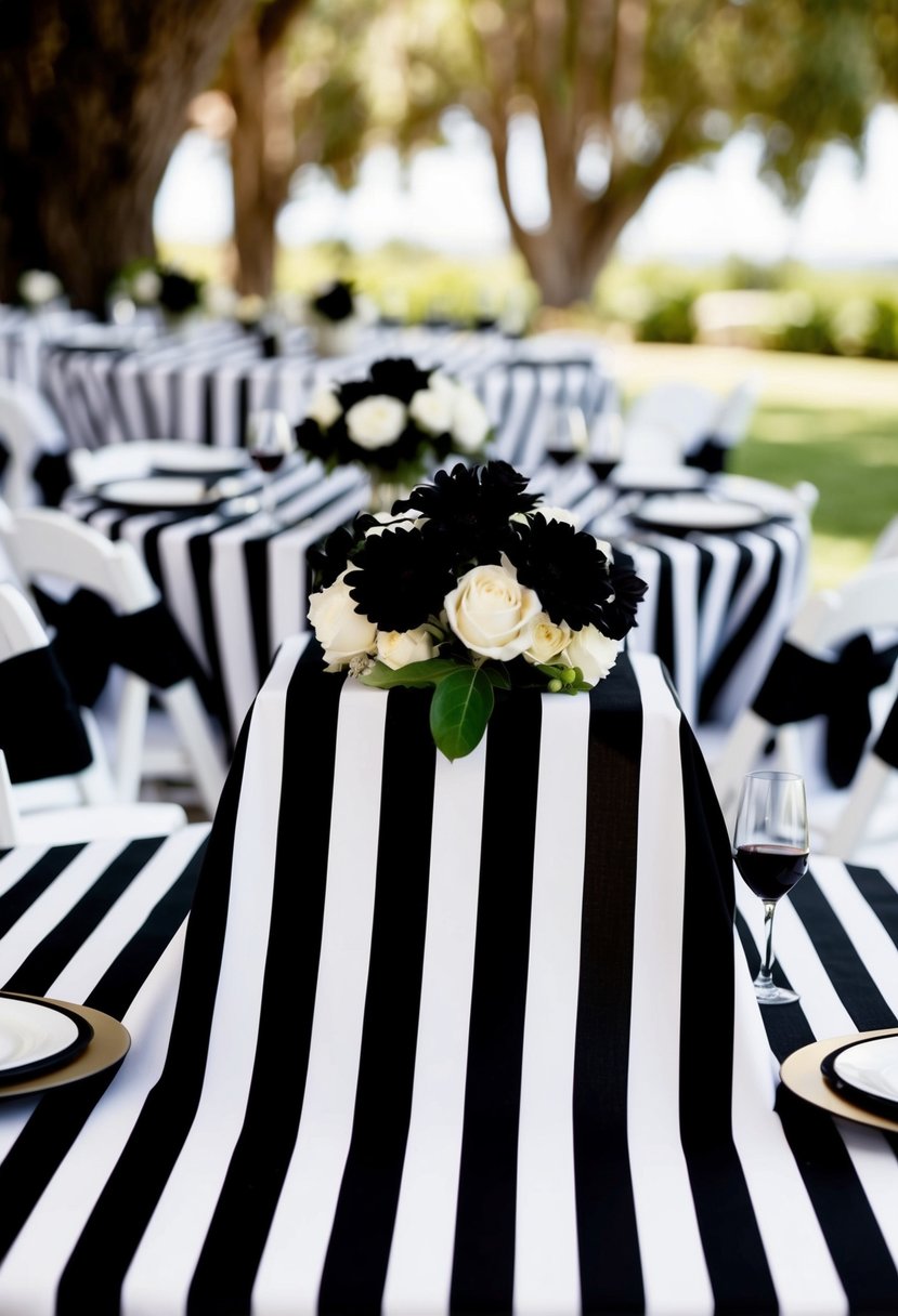 Black and white striped tablecloths cover tables adorned with black wedding decorations