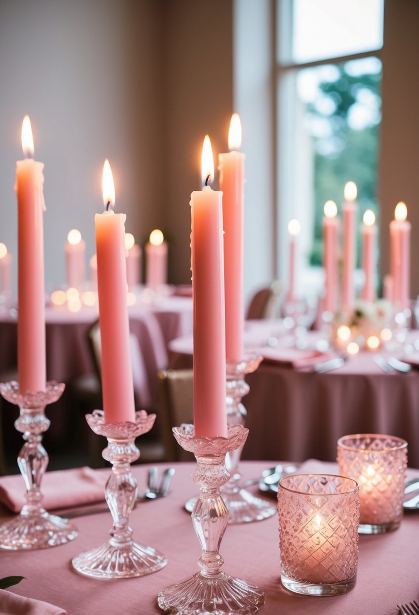 Soft pink candles in crystal holders illuminate a dusty pink wedding table, creating a romantic and elegant atmosphere